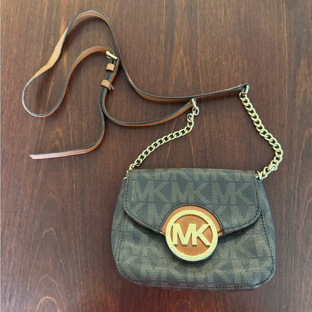 Michael Kors Brown and Gold Crossbody Bag with Signature Monogram